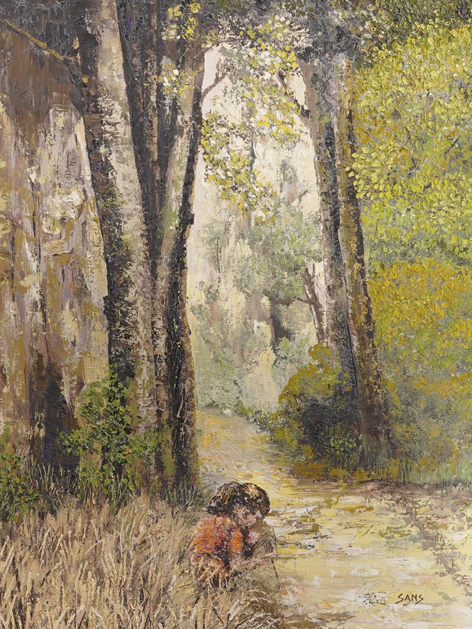 OIL PAINTING GIRL IN THE WOODS SIGNED PETER SANS PIC-1
